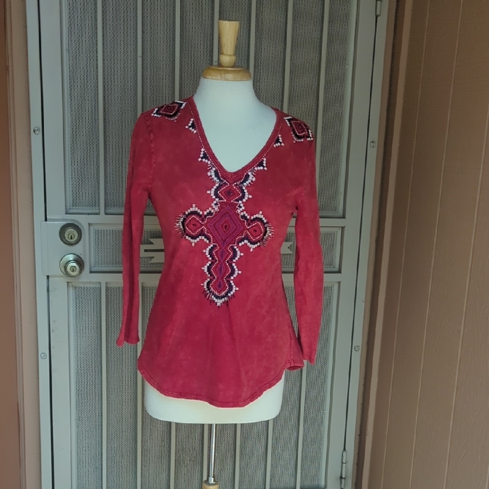Reba Red Embroidered V-Neck Tunic Top